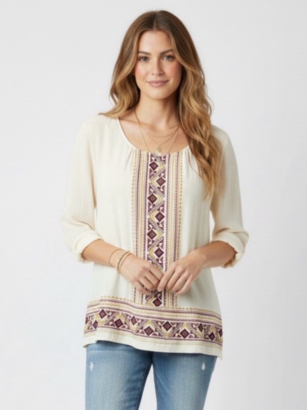 Altar'd State Boho Embroidered Gauze Blouse | Cream + Burgundy Tribal Vibe - L